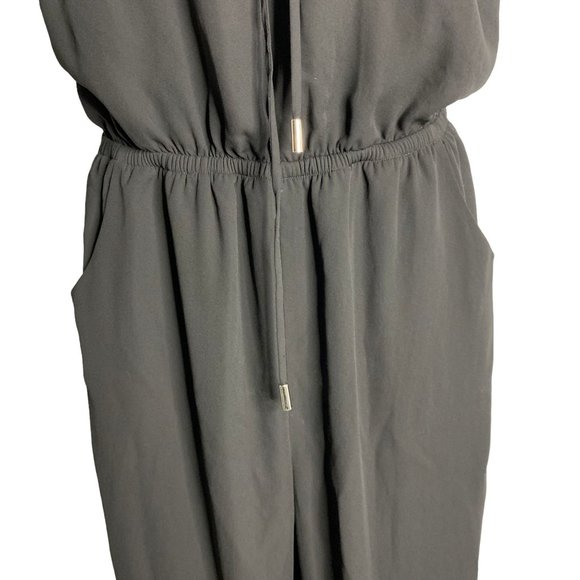 Love Tree Sleeveless Jumpsuit L Black Pockets Elastic Waist Lace Up V Neck - Picture 3 of 6